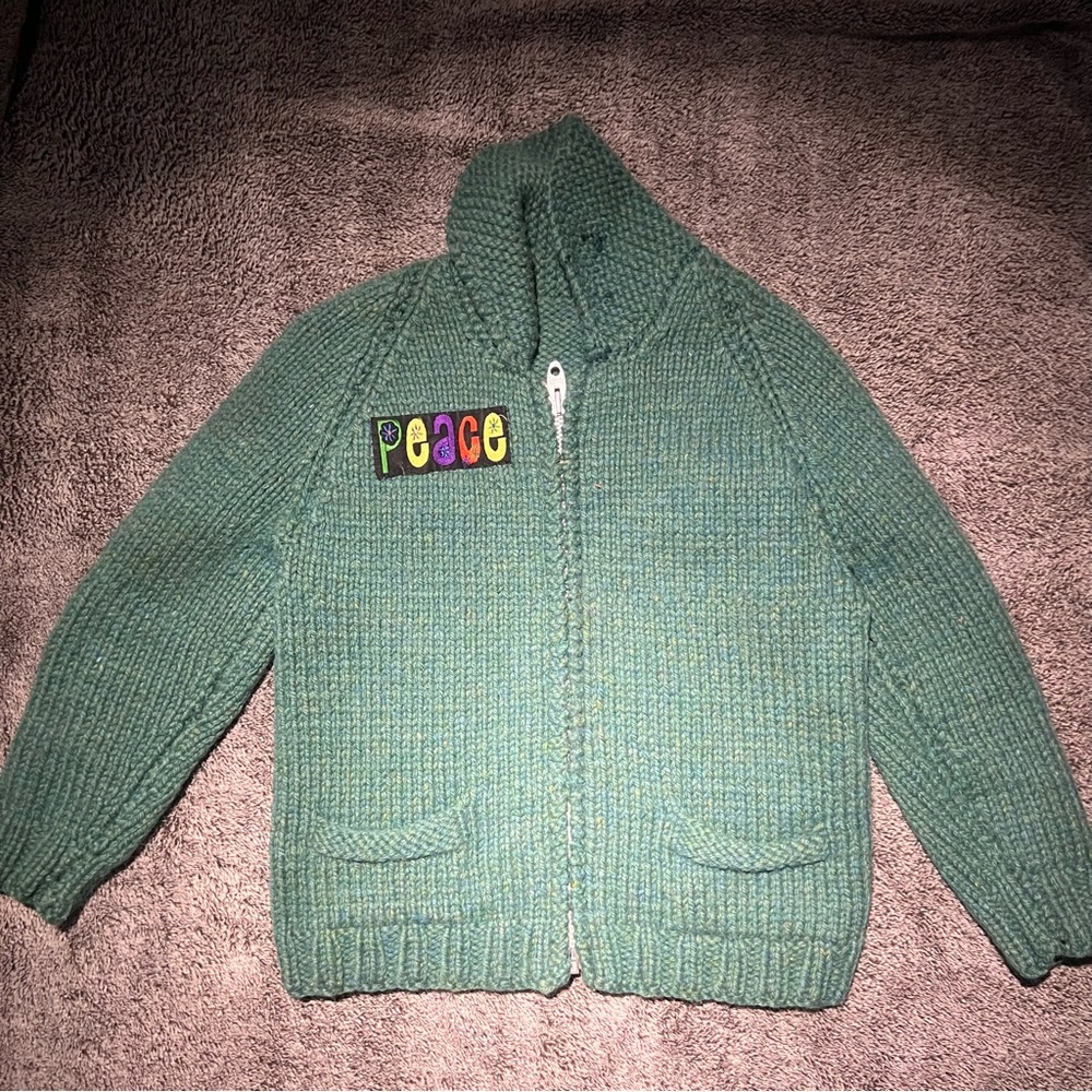 70s Cowichan knit sweater with hippy peace patch
